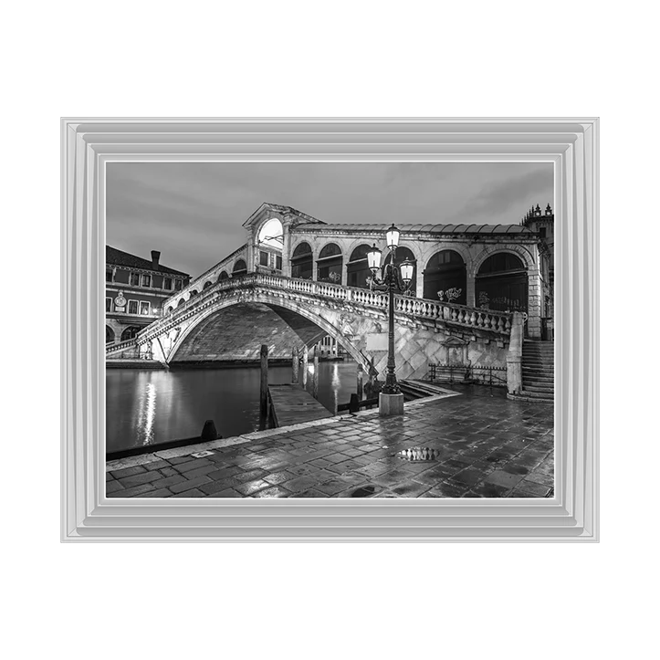 Black & White Venice Rialto Bridge At Night – Framed Picture