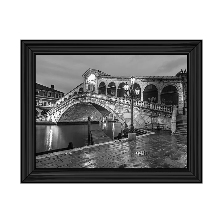 Black & White Venice Rialto Bridge At Night – Framed Picture