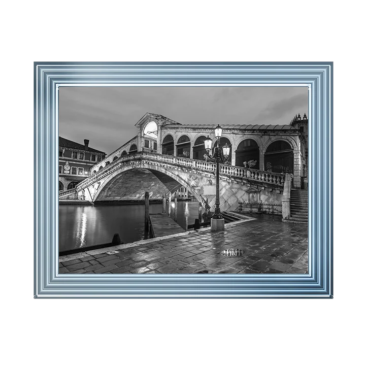 Black & White Venice Rialto Bridge At Night – Framed Picture