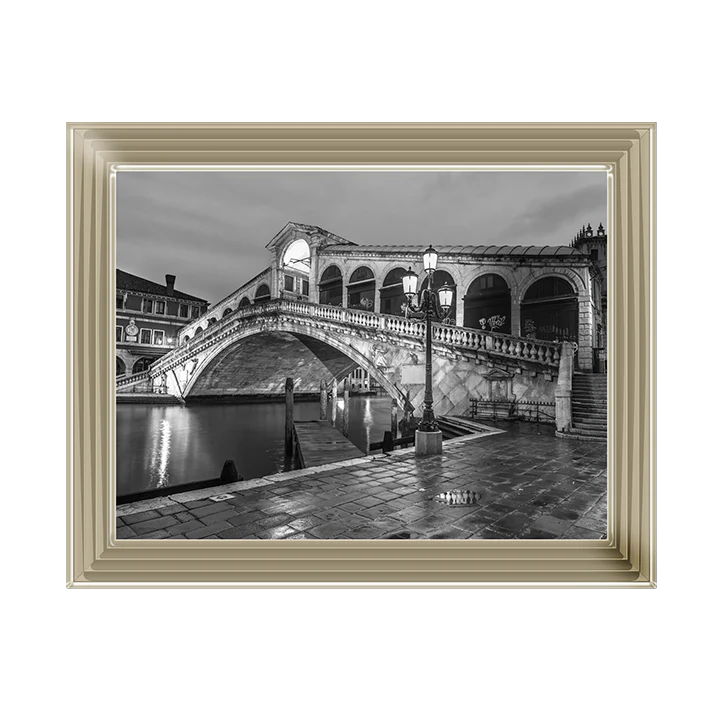 Black & White Venice Rialto Bridge At Night – Framed Picture