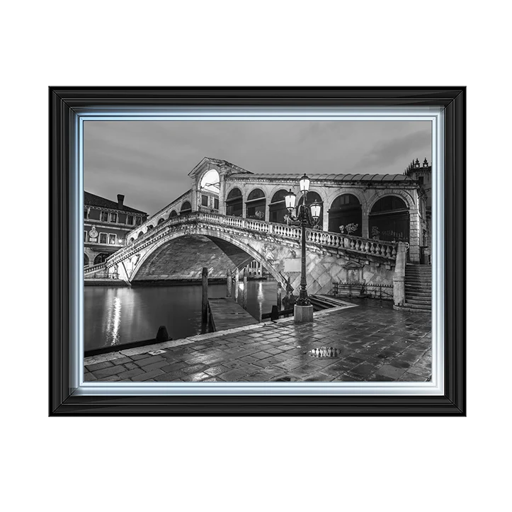 Black & White Venice Rialto Bridge At Night – Framed Picture