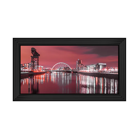 Glasgow Clyde Arc Bridge & Crane With Red Sky - Framed Picture