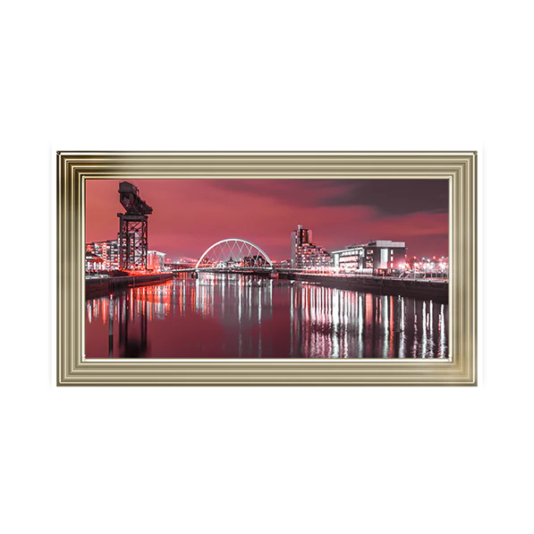 Glasgow Clyde Arc Bridge & Crane With Red Sky - Framed Picture