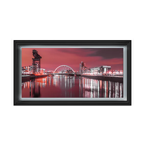 Glasgow Clyde Arc Bridge & Crane With Red Sky - Framed Picture