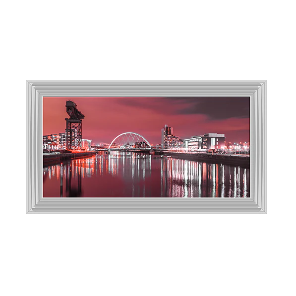 Glasgow Clyde Arc Bridge & Crane With Red Sky - Framed Picture